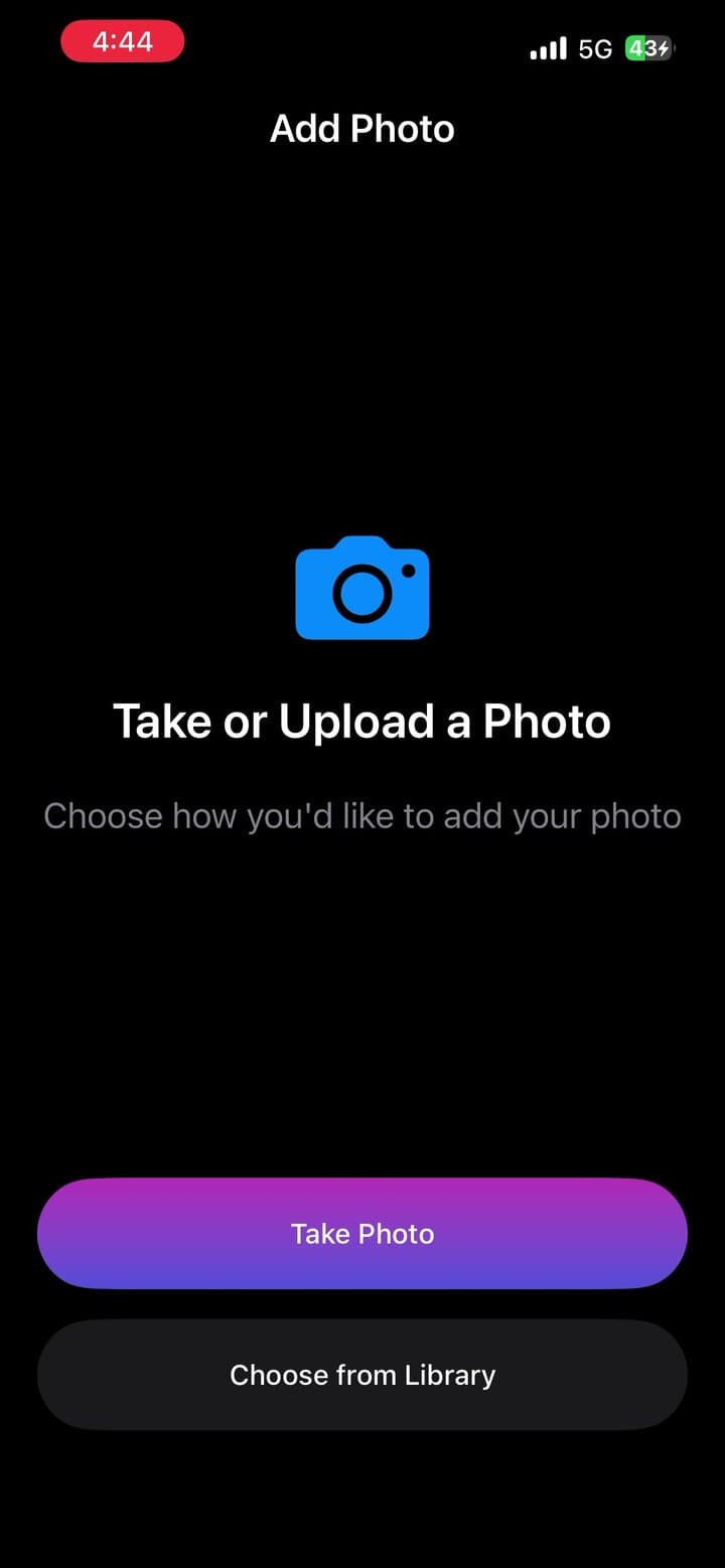 “Add Photo · Take or Upload a Photo.” Two CTAs — Take Photo (primary) and Choose from Library (secondary).