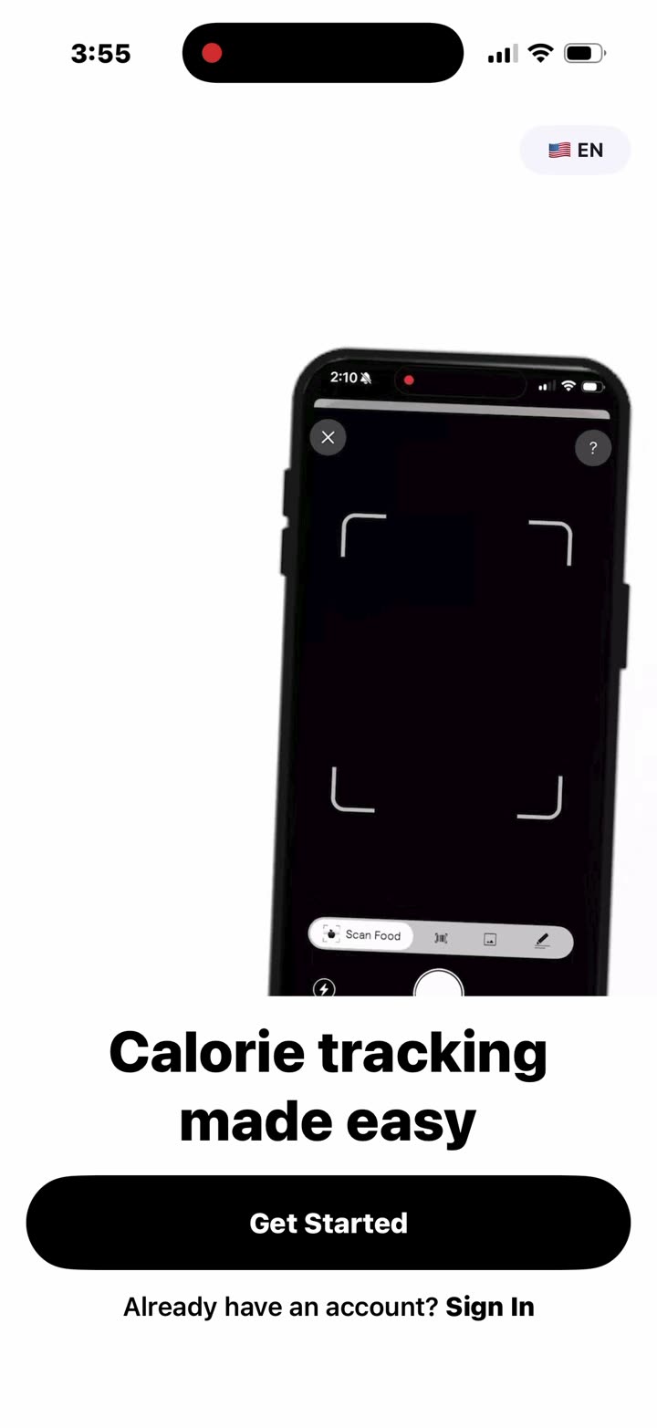 Welcome: “Calorie tracking made easy”, with an animated phone scanning a meal. Get Started or Sign In.