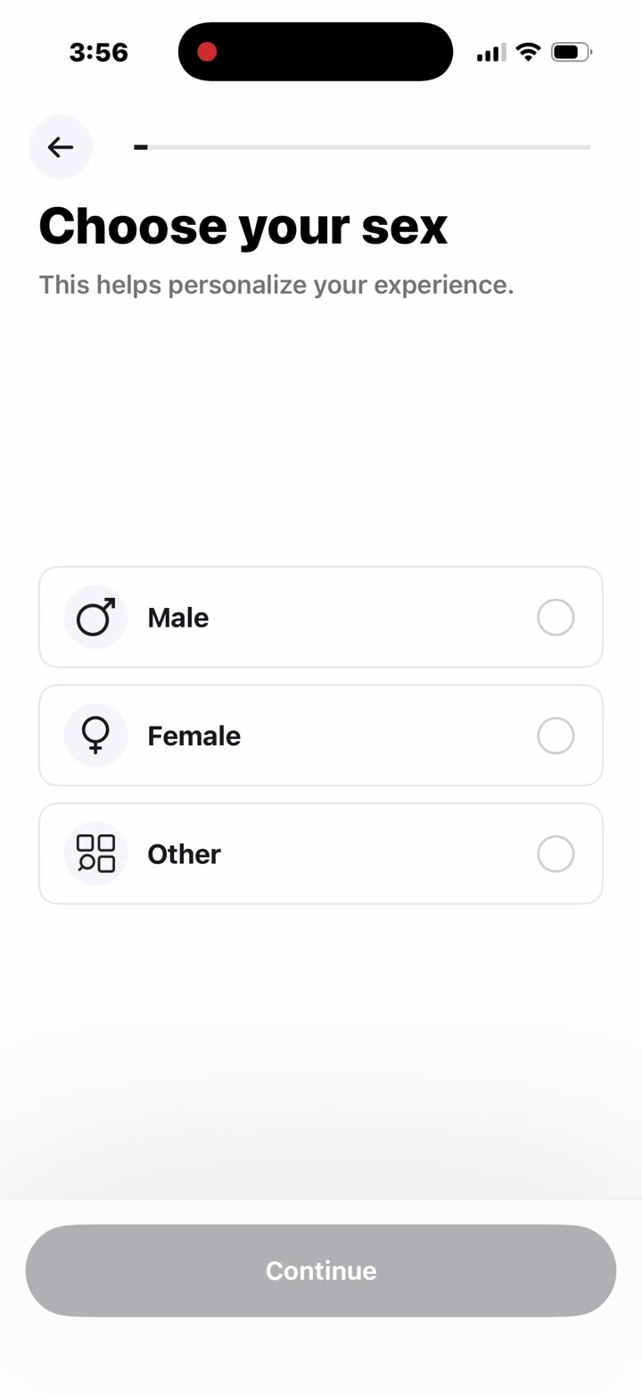 The quiz begins: sex, workouts per week and birth date — all inputs to the calorie formula.