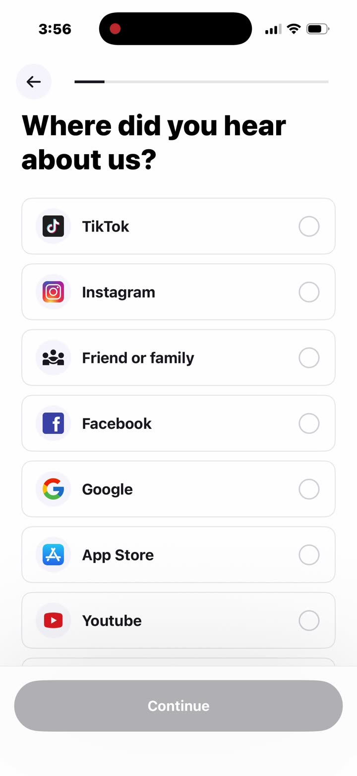 “Where did you hear about us?” — TikTok first, then Instagram, friends, Facebook, Google, App Store, YouTube.