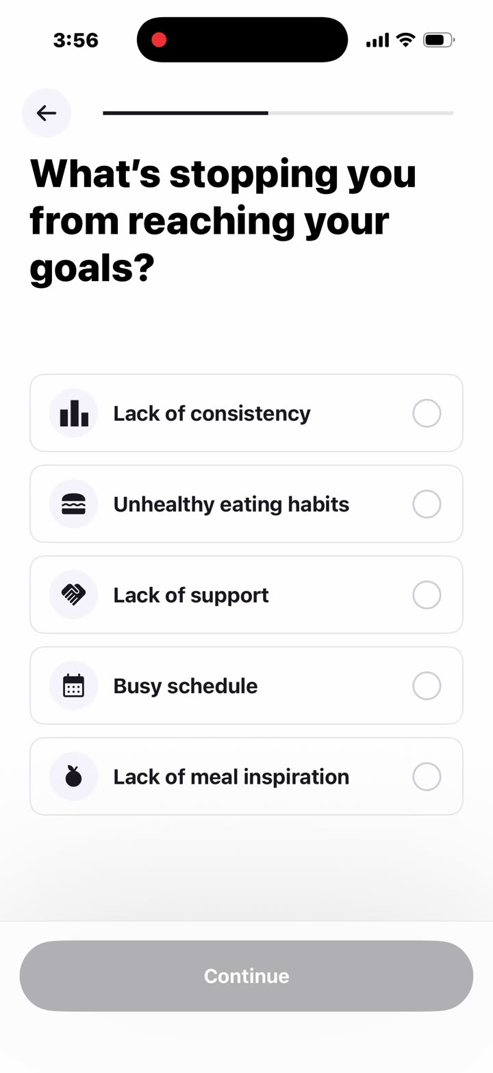 Height, weight, trainer or dietitian, goal, then “What's stopping you from reaching your goals?”, diet type and “What would you like to accomplish?”