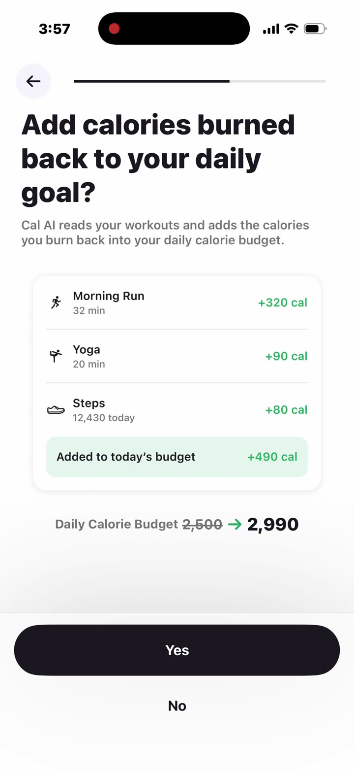 “Add calories burned back to your daily goal?” with a worked example: 2,500 becomes 2,990.