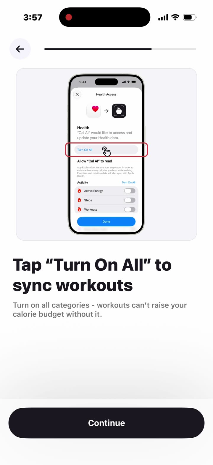 After “Sync workouts from Apple Health?” and “Connect to Apple Health”: a mock-up showing exactly where to tap “Turn On All”.