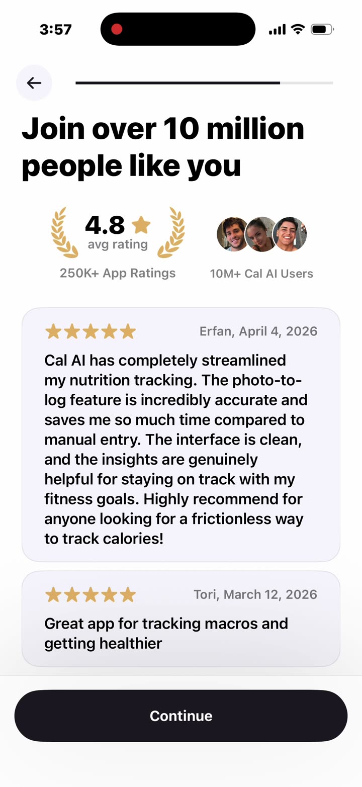 After a rollover-calories question: “Join over 10 million people like you” — 4.8 rating, “250K+ App Ratings”, “10M+ Cal AI Users”, dated reviews.