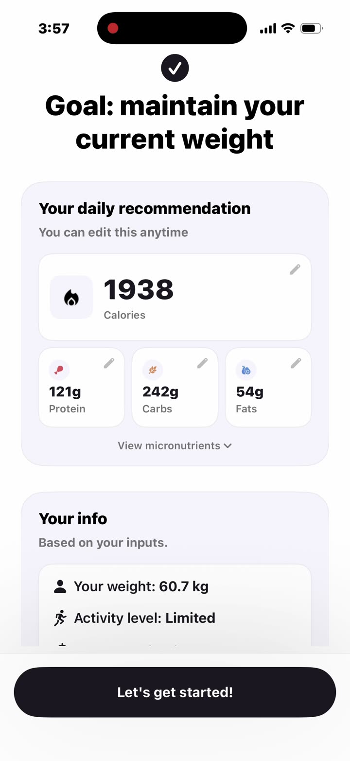 The plan: 1,938 calories, 121 g protein, 242 g carbs, 54 g fat, all editable, then “Let's get started!”