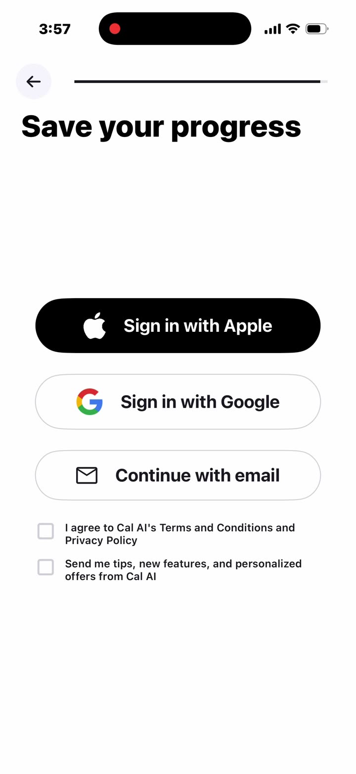 “Save your progress”: Sign in with Apple, Google or email; terms checkbox required; marketing opt-in separate.