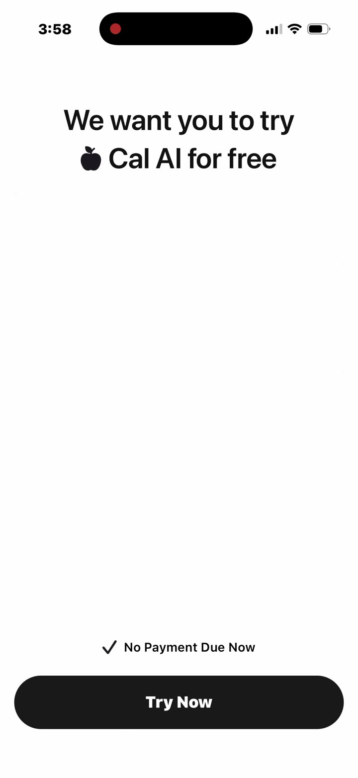 Paywall step 1: “We want you to try Cal AI for free”, with “No Payment Due Now” above the button. No price on screen.