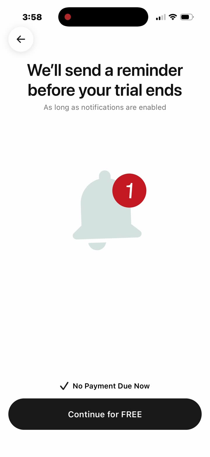 Paywall step 2: “We'll send a reminder before your trial ends — as long as notifications are enabled.”