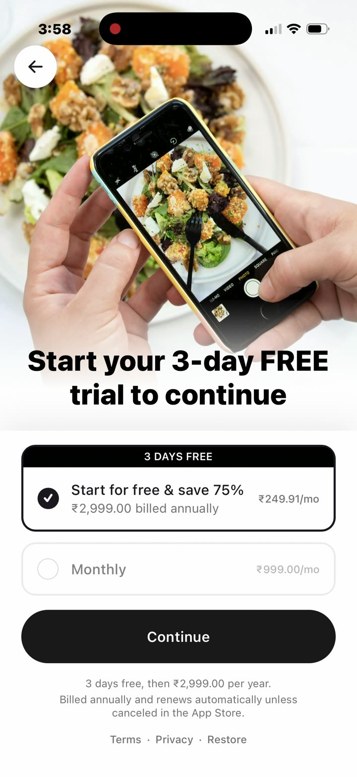Paywall step 3, default state: “Start your 3-day FREE trial to continue”. Annual pre-selected at ₹2,999 a year; the footer spells out the renewal terms.