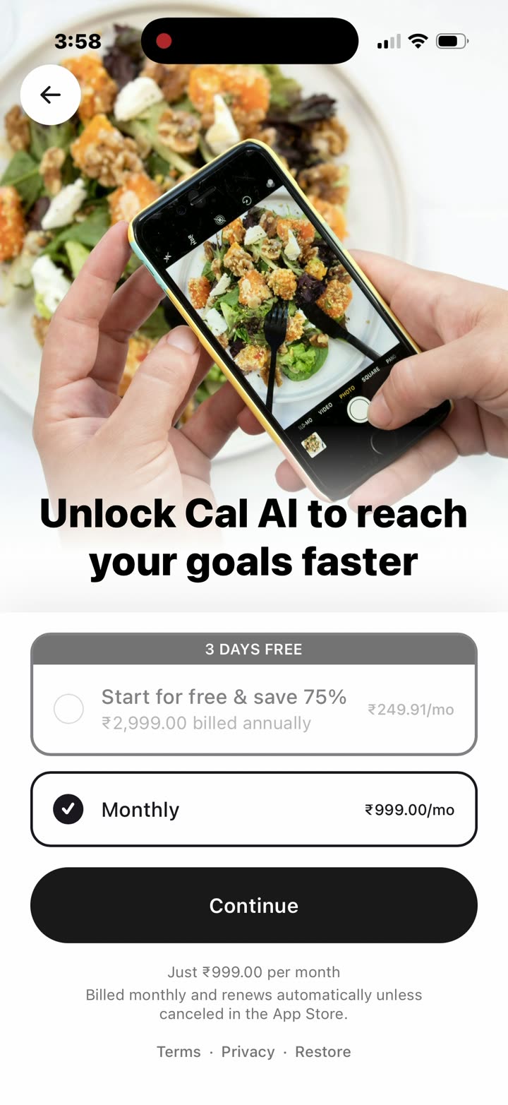 With Monthly selected, the headline changes to “Unlock Cal AI to reach your goals faster” and the footer to “Just ₹999.00 per month”.