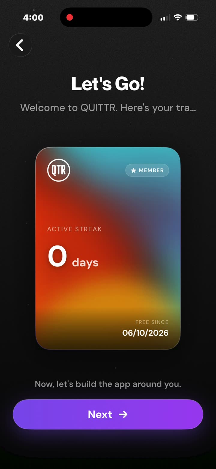 “Let's Go!”: a membership card with “Active streak 0 days” and today's date, before a single question.