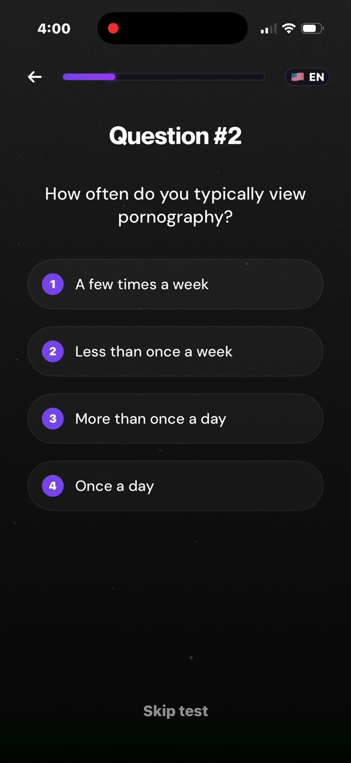 Question #2 of 10: “How often do you typically view pornography?” Numbered questions, progress bar, “Skip test”.