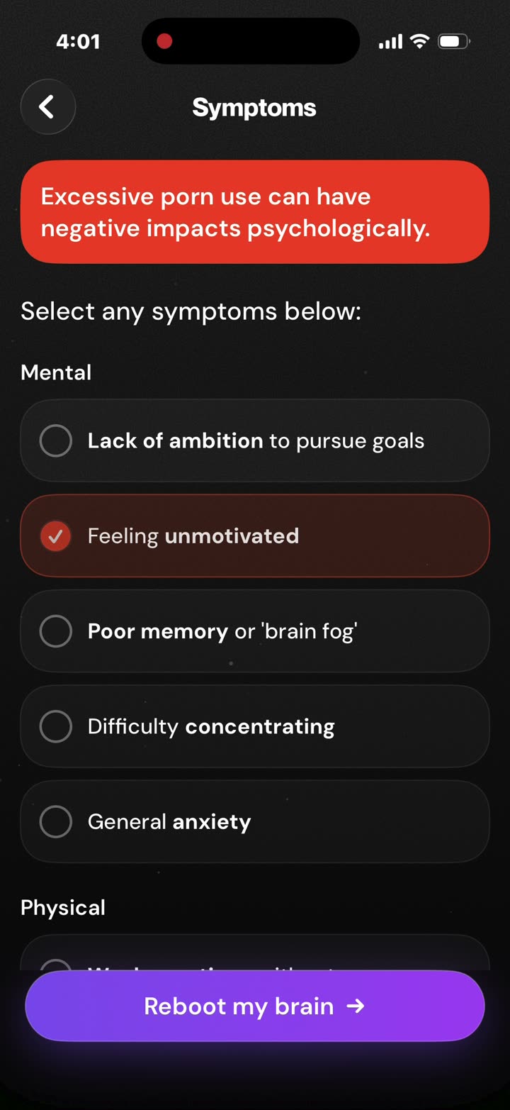 “Excessive porn use can have negative impacts psychologically.” A symptoms checklist across mental, physical, social and faith categories. Button: “Reboot my brain”.