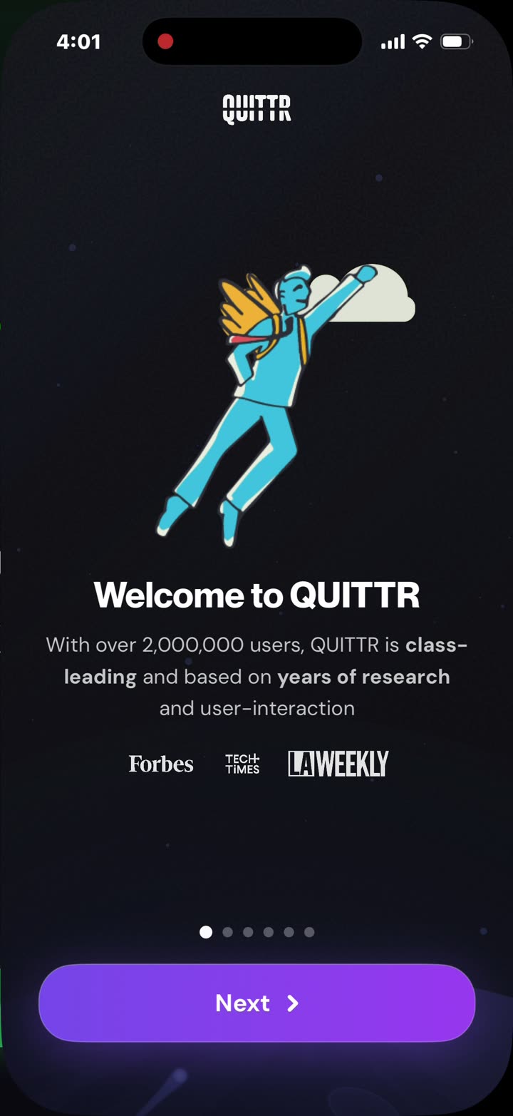 “Welcome to QUITTR. With over 2,000,000 users, QUITTR is class-leading…” with Forbes, Tech Times and LA Weekly logos, then six benefit slides.