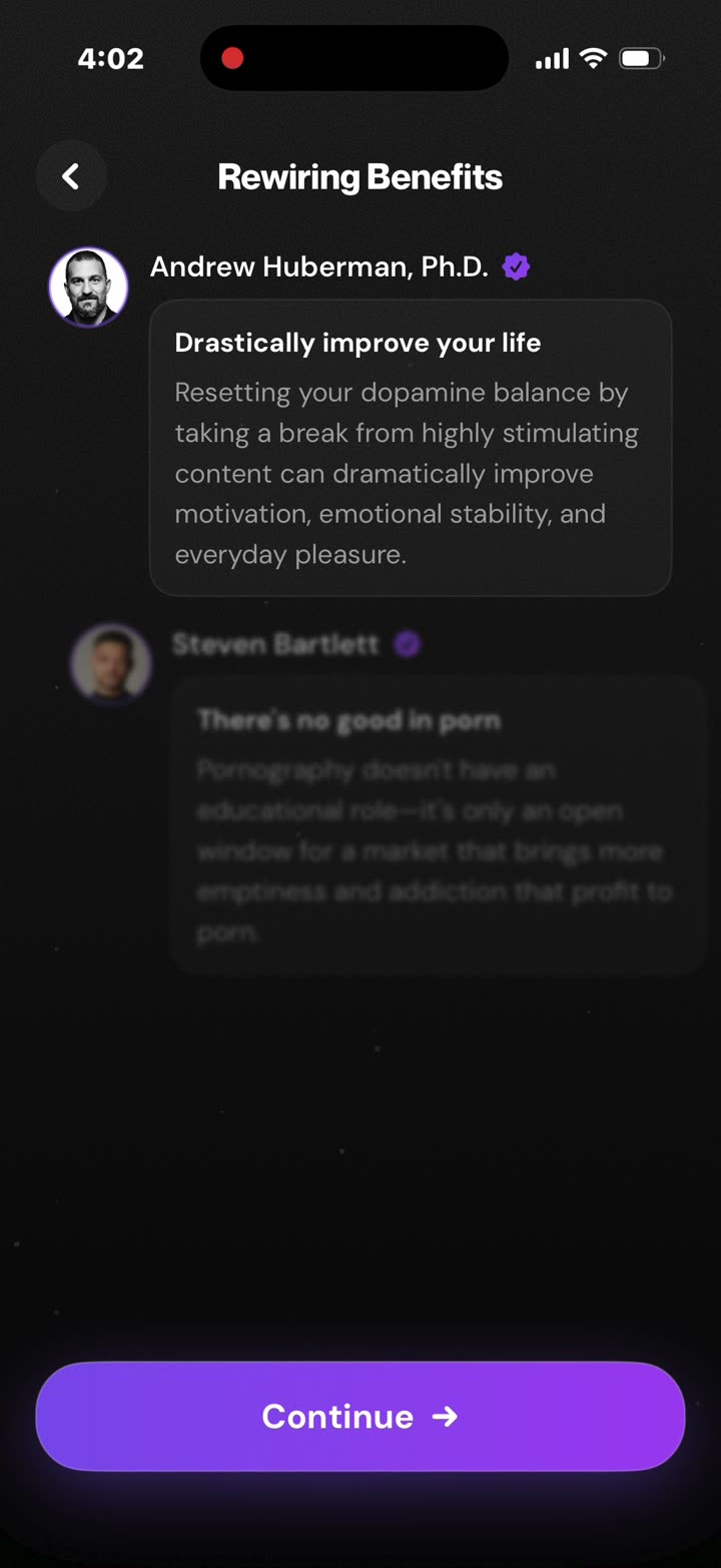 “Rewiring Benefits”: quotes attributed to Andrew Huberman, Ph.D. and Steven Bartlett, then user testimonials.