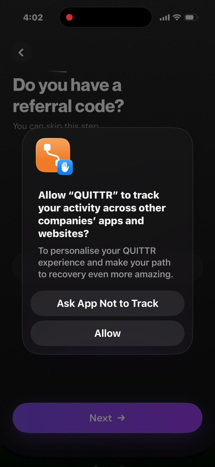 After “Choose Your Goals”, the App Tracking Transparency prompt: “To personalise your QUITTR experience and make your path to recovery even more amazing.”
