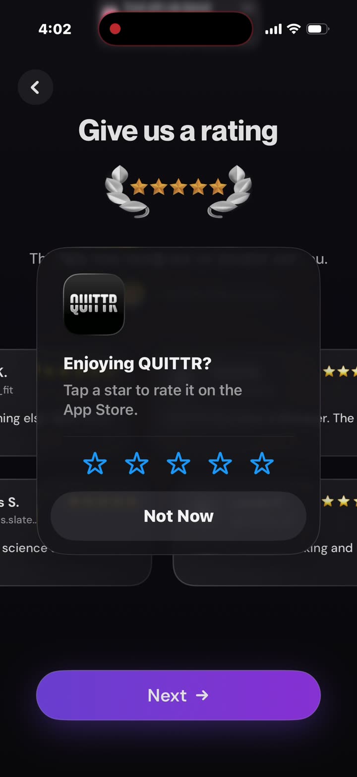 “Give us a rating”, with reviews and “+2,000,000 people”, then Apple's system rating prompt.