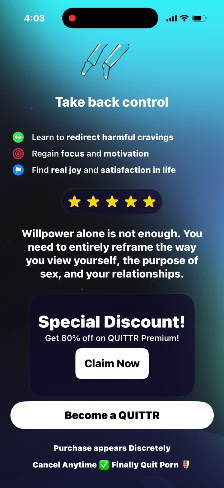 The sales page: benefits, a five-star testimonial and “Special Discount! Get 80% off on QUITTR Premium!”, with “Become a QUITTR” pinned at the bottom.