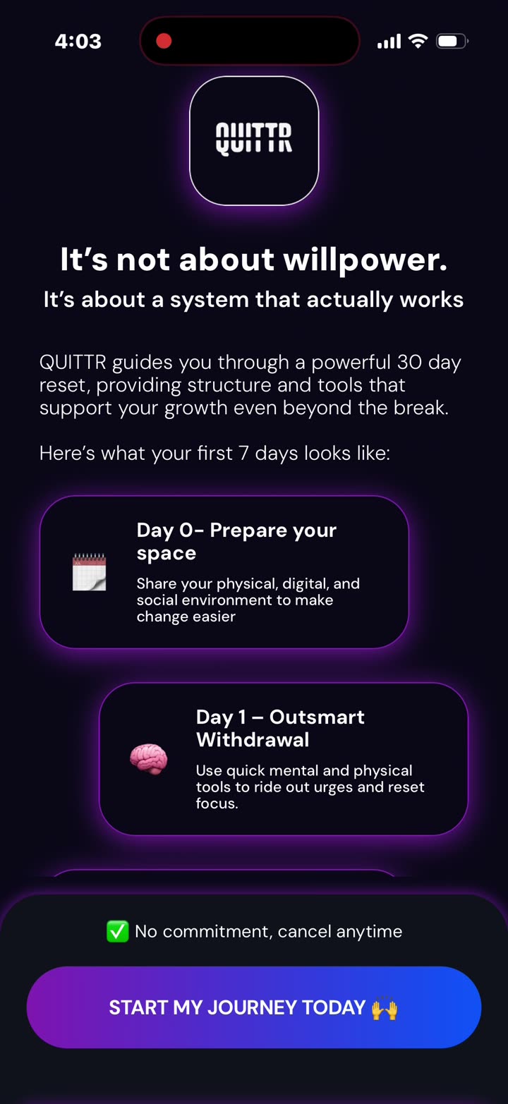 “It's not about willpower. It's about a system that actually works.” A 30-day reset, previewed as a first-week plan from Day 0 to Day 7.