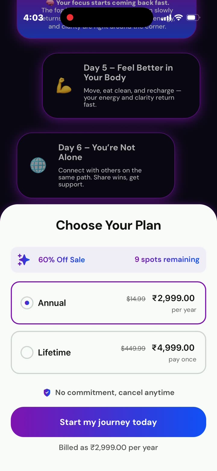 Plan sheet: “60% Off Sale · 9 spots remaining”. Annual ₹2,999 per year is pre-selected; lifetime is ₹4,999. Struck-through prices are in dollars.
